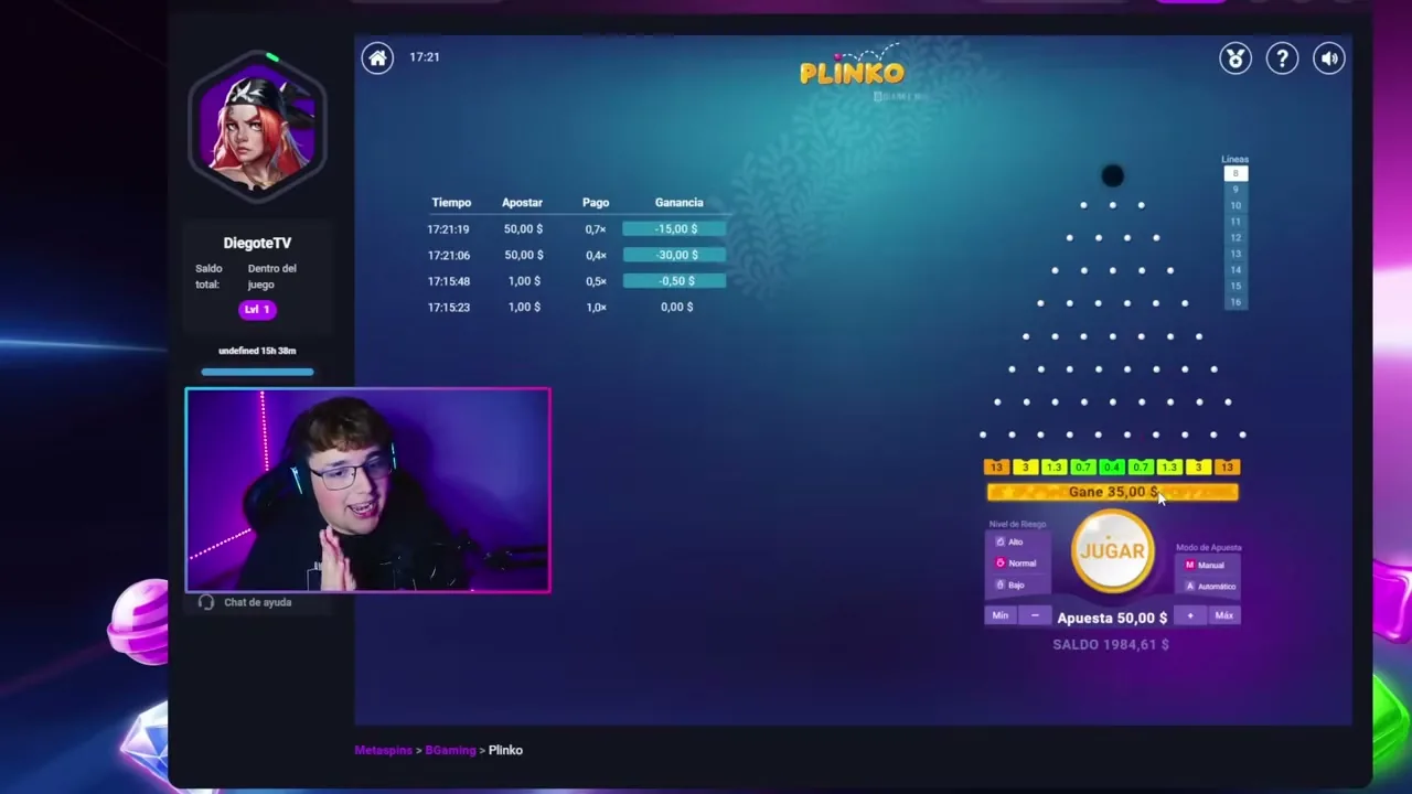 Cómo se juega al Plinko en casinos online: bolita cayendo por el tablero de pines