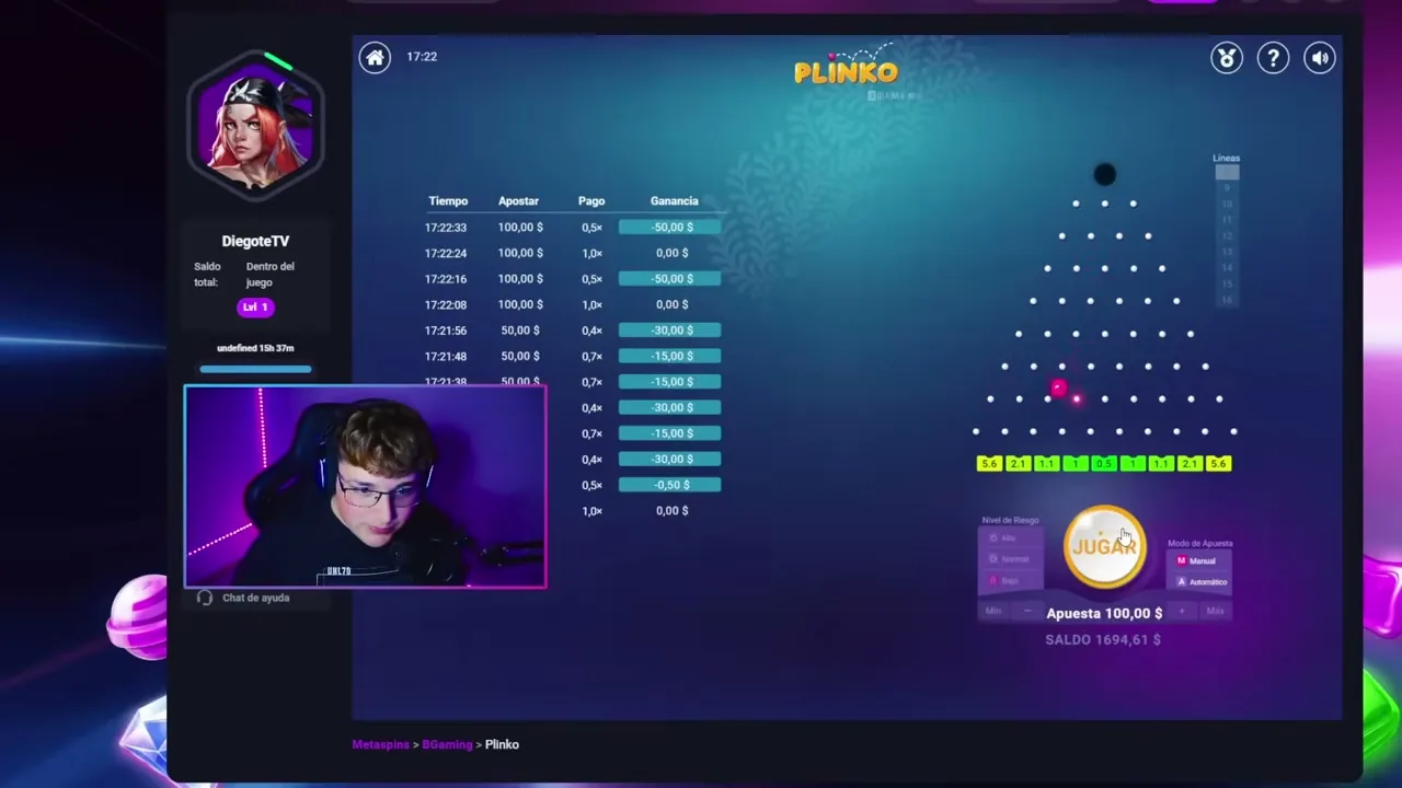 Mecánica del Plinko: pantalla del juego con filas, riesgo y multiplicadores