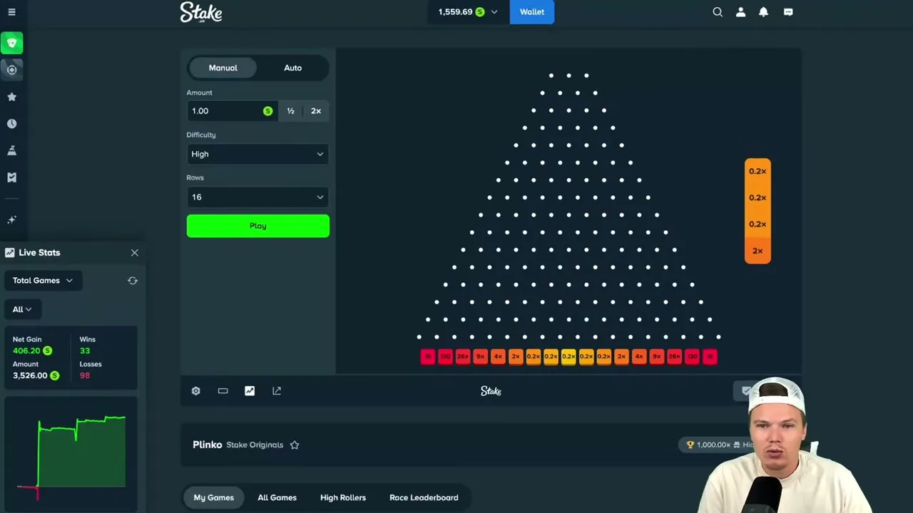 Dónde aplicar la estrategia de Plinko: pantalla de un casino online con el tablero y el historial de tiradas